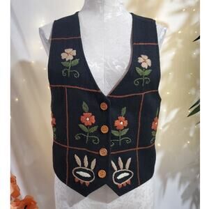 BAD Vtg Felted Wool Embroidered Wood Button Folk Waistcoat Vest Womens Size S
